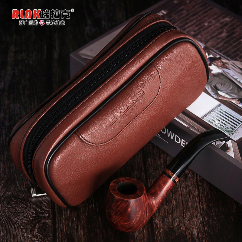 Hong Kong RLAK portable pipe bag leather portable bag 2 bucket bag ebony briar solid wood pipe tobacco bag