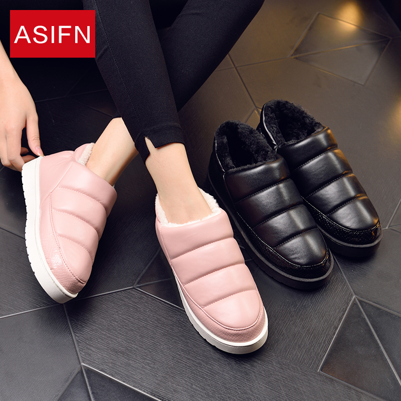 Winter leather black bag and cotton slippers female home indoor and outdoor couples warm non-slip waterproof moon cotton shoes men