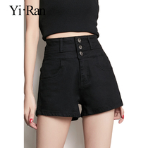 Black high-waisted denim shorts womens summer thin a-shaped loose Korean version of tight-fitting elastic bag hip outside wear summer