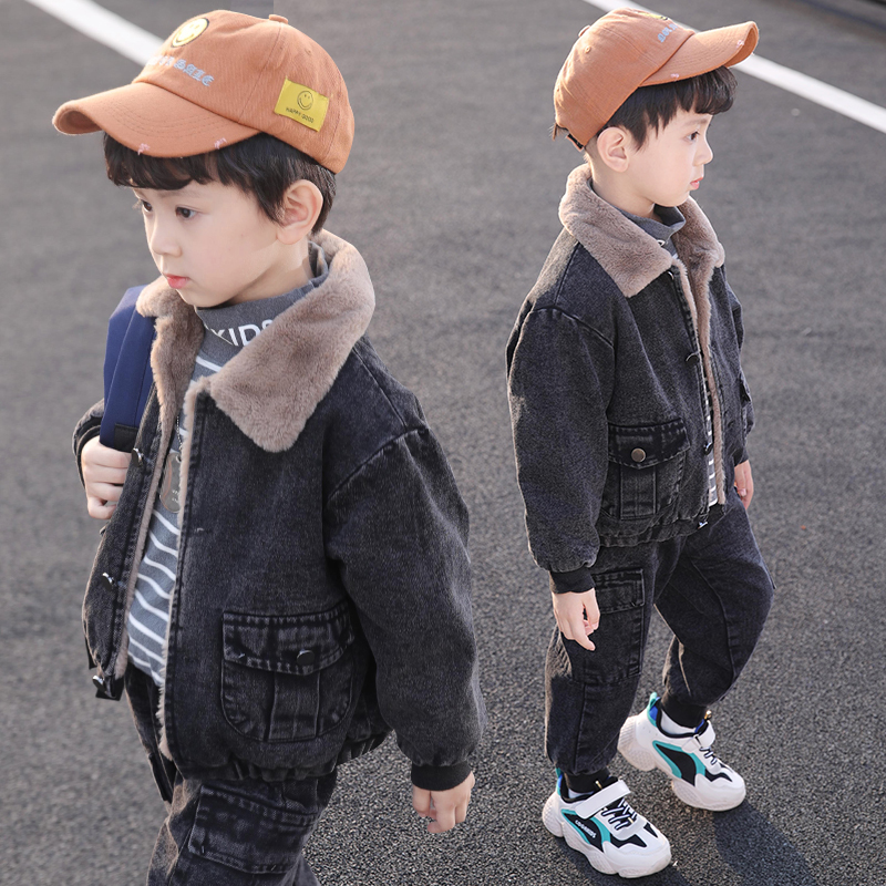 Children's clothing boy's suit autumn and winter denim plus velvet thickened new style 6 foreign style seven big children eight handsome boys 9 years old