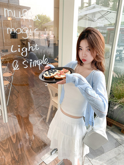 Zeng Xiaoxian Korean Style Early Autumn Outfit Blue Hollow Knit Cardigan Women's Thin Camisole Outerwear Short Jacket Top