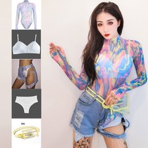 New sexy nightclub long-sleeved mesh color perspective one-piece female dj bar gogo night d costume s performance