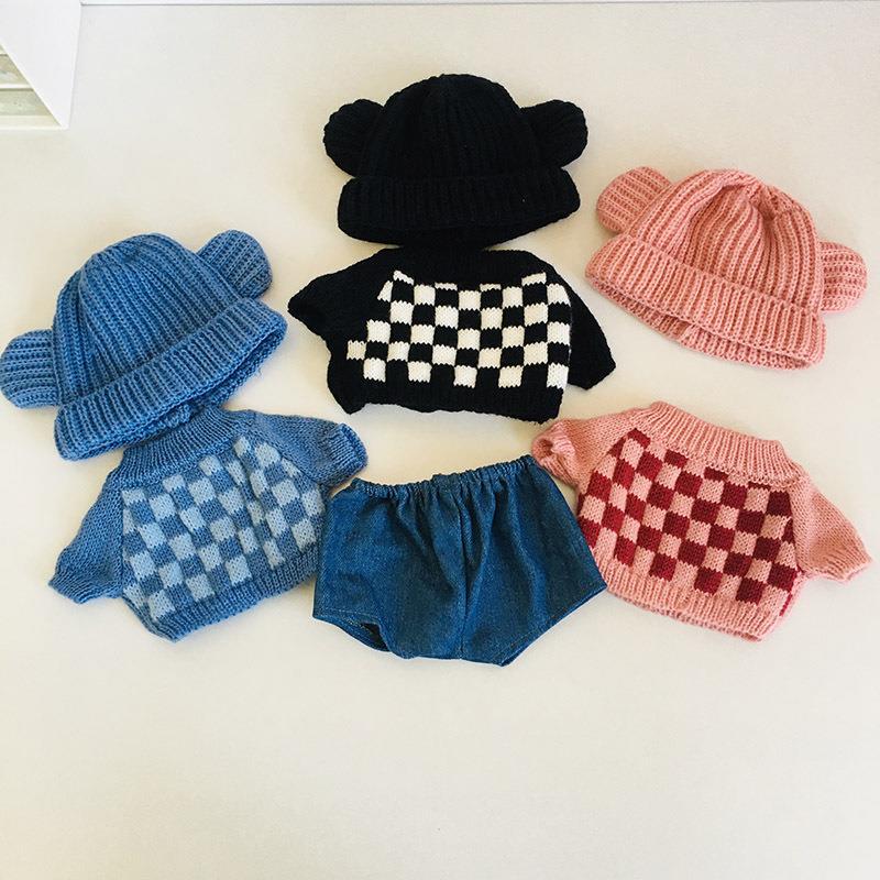 30cm Jointed Teddy Bear Plush Toy Clothes for Couples, Men and Women Styles, Checkerboard Sweater, Hat, Jeans, Dress-Up