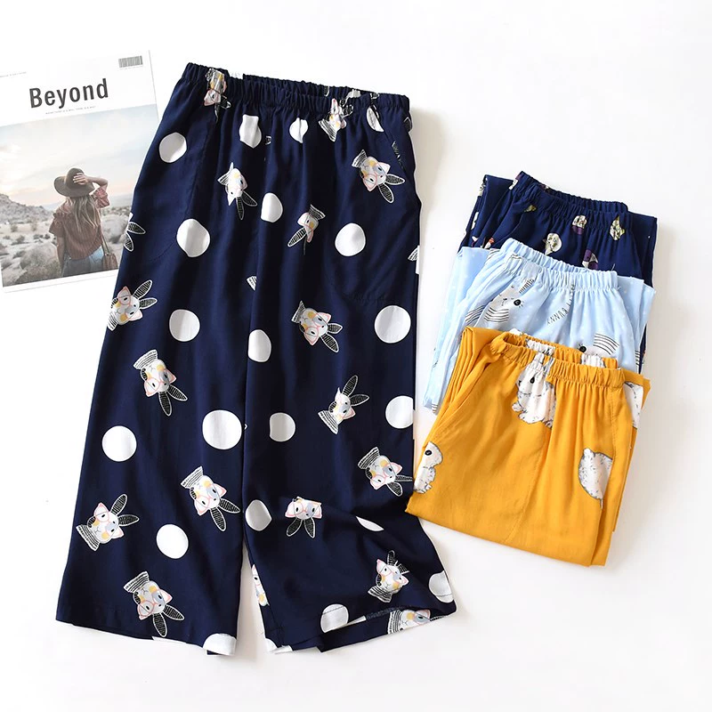 Quần pyjama dành cho phụ nữ mùa hè cắt quần short cotton lụa cotton nguyên chất cotton rayon quần rộng rãi ở nhà mỏng phần điều hòa không khí - Quần tây