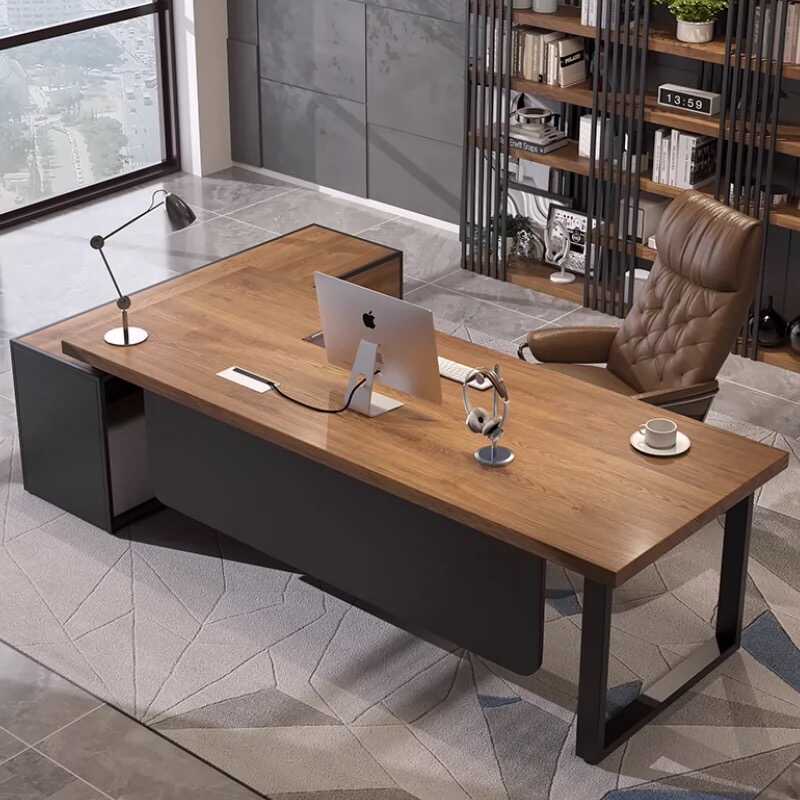 Loft Industrial Style Solid Wood Executive Desk, Simple Modern General Manager Office Desk, Executive Desk with Side Cabinet, Computer Desk