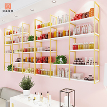 Nordic golden wall shelf beauty salon cosmetics nail shop multi-layer solid wood lattice partition wall hanging bookshelf