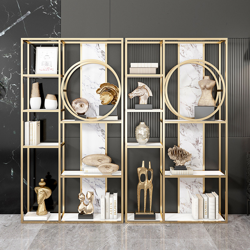 Light luxury style bookshelf marble partition Bogu shelf modern new Chinese style bookcase floor living room metal rack