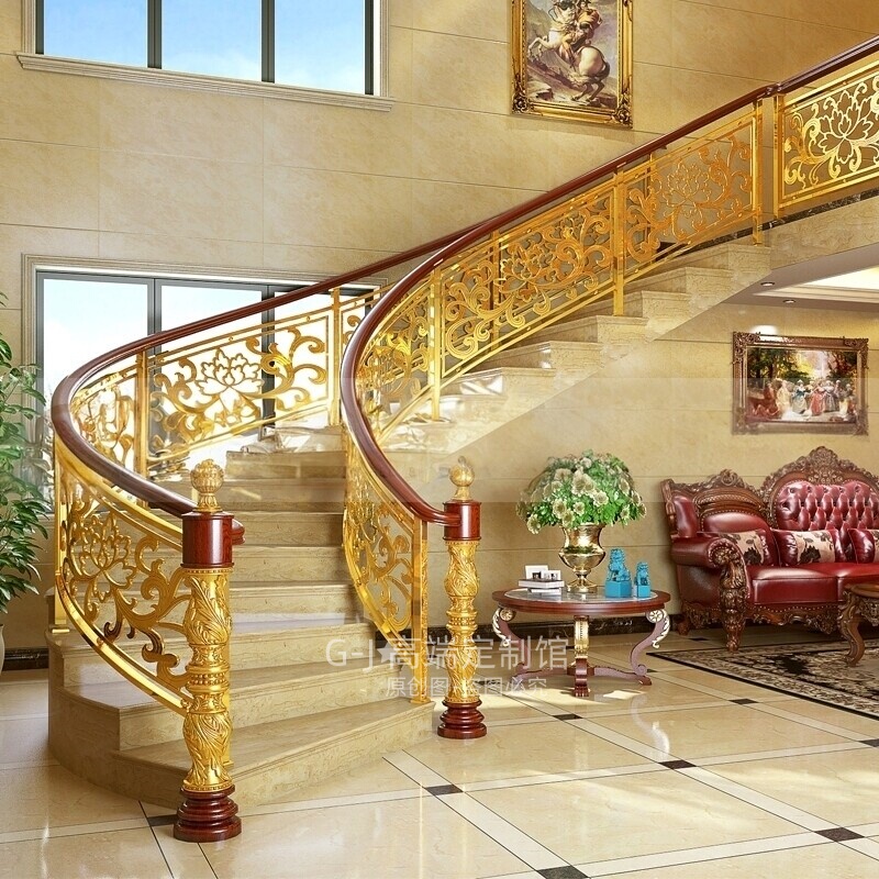 Villa Copper and Aluminum Art Railings, Curved Carved Staircase Handrails, Hotel and Home Indoor European-Style Railings, Solid Wood