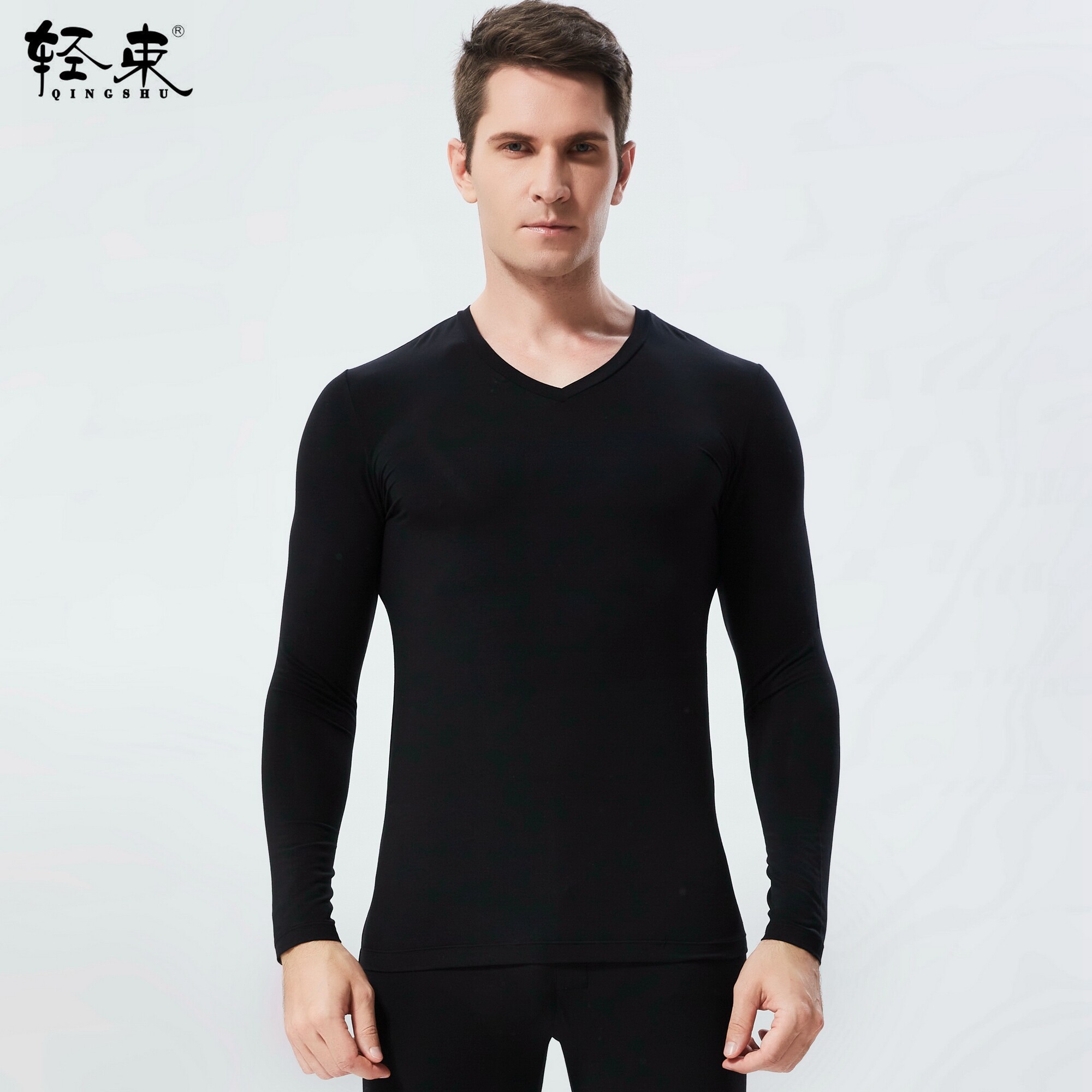 Light beam 80S ultra-fine modal men's V-neck thermal top thin bottoming shirt seamless basic underwear winter