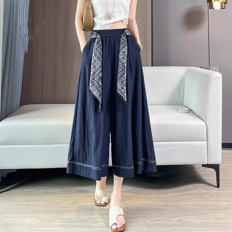 Ice Silk Denim Culottes for Women 2025 Summer New Casual Pants Thin High-Waisted Wide-Leg Pants Slimming Eight-Point Yamamoto Pants