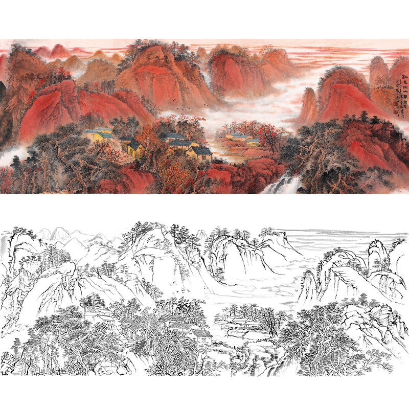 Fine brushwork white drawing manuscript red Jiangshan Wanshan banner landscape painting physical printing copy line draft FS10