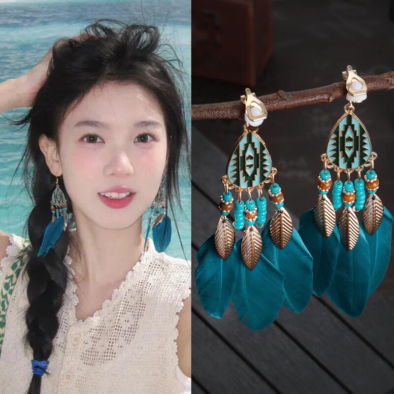 Retro Ethnic Style Tassel Earrings New Chinoiserie Seaside Resort Style Atmosphere Bohemian Ear Clips for Women Without Pierced Ears