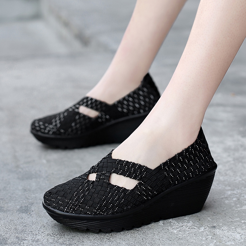 Fall weaving shoes in summer middle-aged slope heel mommy shoes footwear shoes elastic cloth shoes