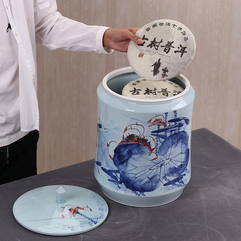 Jingdezhen ceramic tea pot large hand - made POTS stored household seal puer tea cake cylinder peulthai the cake tin