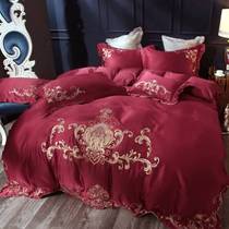 Bed ice silky four-piece cotton cotton European sheets wedding wedding wedding embroidery high-end luxury red bedding