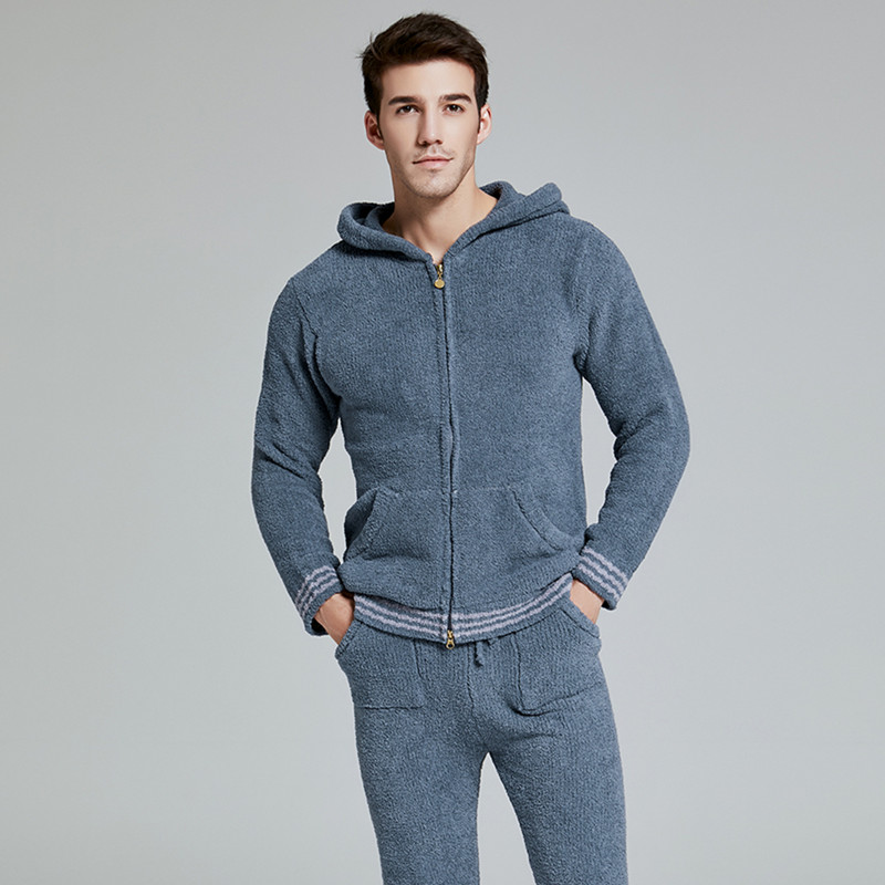 Sleepwear men's autumn and winter garnter thickened with warm long sleeves Two sets of outwear cardiovert hat home suit men