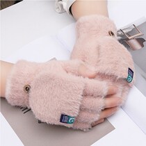 Flip Finger Glove Female Winter Cute Male Child Half Finger Knit Wool Thread Plus Suede Thickened Spring Autumn Student Warm