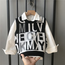 Boys spring clothes suit new children white shirt two sets of trendy knit waistcoat Vest Children Clothing Blouses