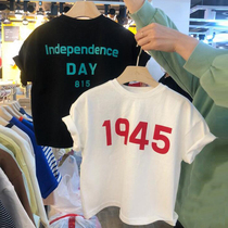 Korean childrens clothing 2021 Summer round collar loose middle children white New Xinjiang cotton t-shirt trendy letter children blouses