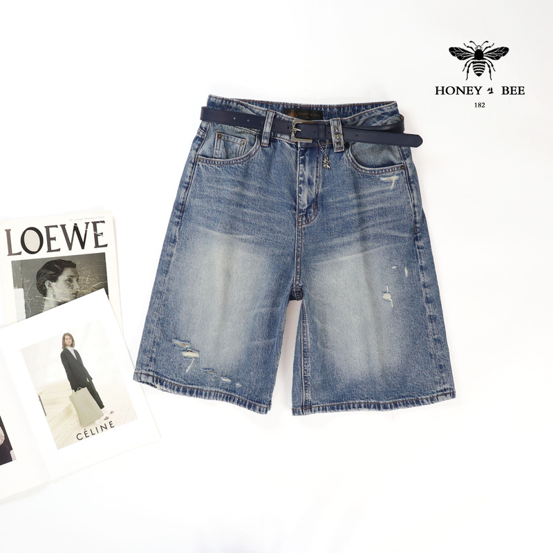 European-Style Little Bee Summer Dark Blue Thin Vintage Straight-Leg Denim Shorts, Stylish and Slimming Five-Point Pants for Women