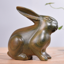  Green sandalwood solid wood carving rabbit ornaments Log rabbit sandalwood mahogany handle pieces Zodiac rabbit home decoration crafts
