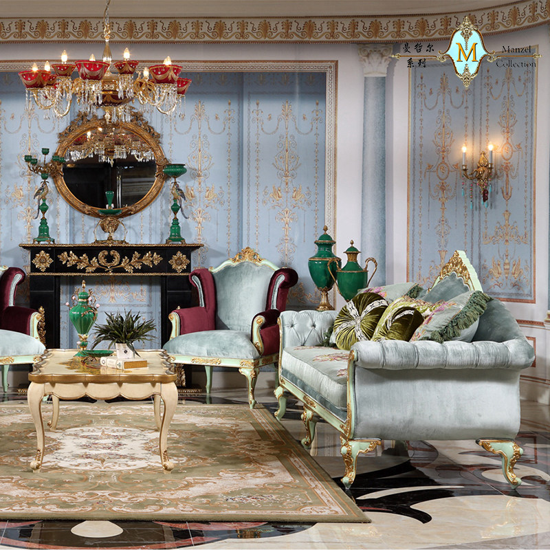 French European retro solid wood fabric sofa combination blue embroidery living room high-end furniture carving luxury villa