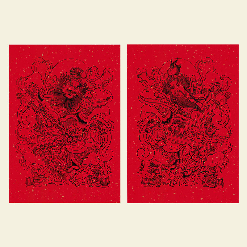 New Year's New Year Great Red Martial Gate God Guan Gong Hum Ha Second General GateKeeper General Qin Qiong Wei Chi Gong Gate Traditional Sticker