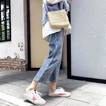 Denim wide-leg pants womens loose Korean version of student spring and autumn net red new retro high-waisted straight pants showing thin nine-point pants
