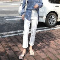Spring and summer new white high waist dad wide legs loose thin Korean jeans female straight student nine-point pants