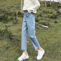 New spring and autumn eight or nine points short wide-legged straight jeans womens loose Korean version of the students high waist is thin