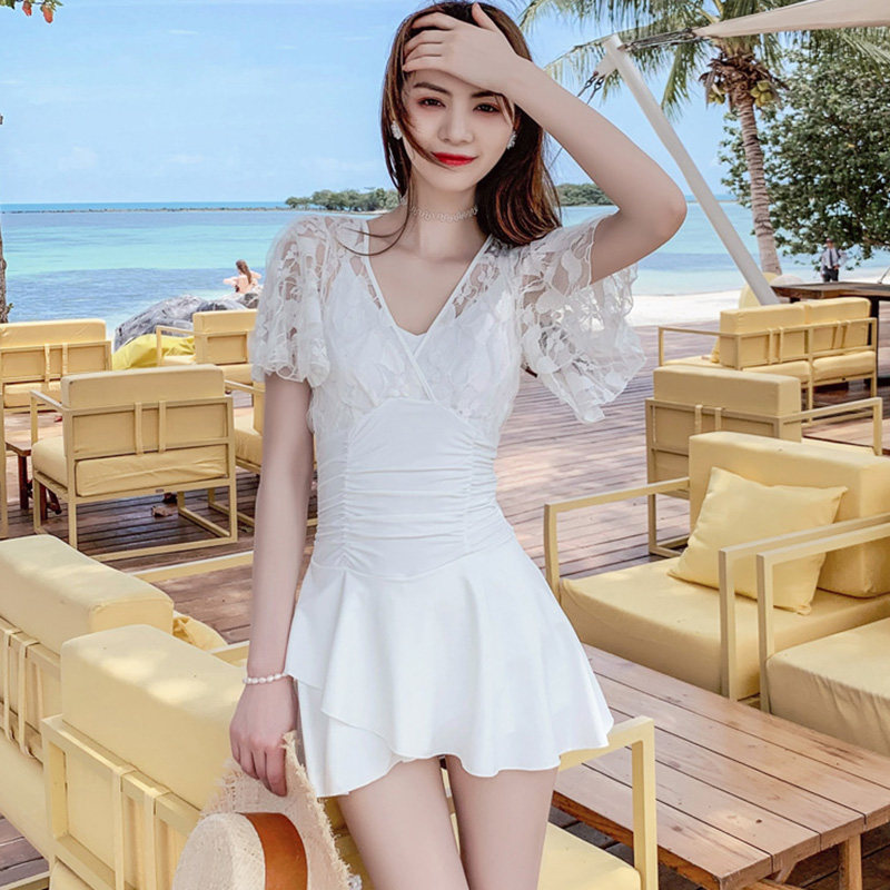 Hot spring swimsuit women's 2022 new hot style cover belly one-piece skirt conservative summer short-sleeved slimming swimwear