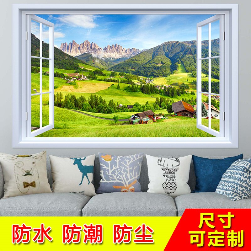 New 3D three-dimensional wall stickers wallpaper self-adhesive landscape fake window decoration stickers bedroom mural wall painting
