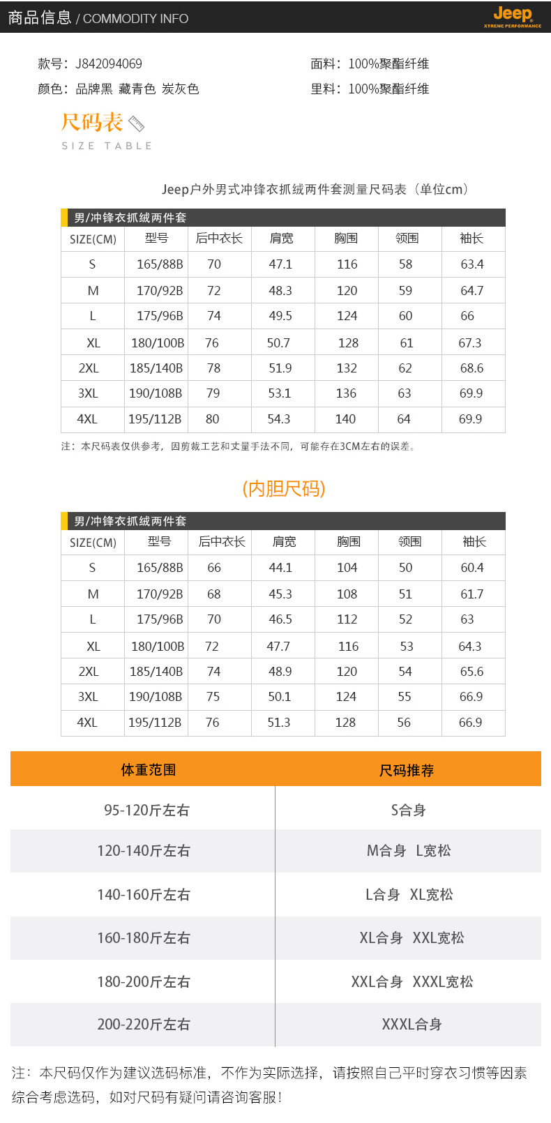 Jeep 男士 全面防风防水 加绒加厚冲锋衣 2件套 图9