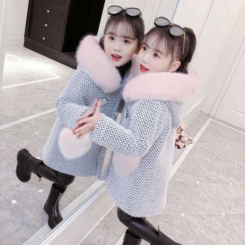 Girls foreign pie coat autumn and winter 2021 New Korean children hairclip cotton thick Princess long plush coat