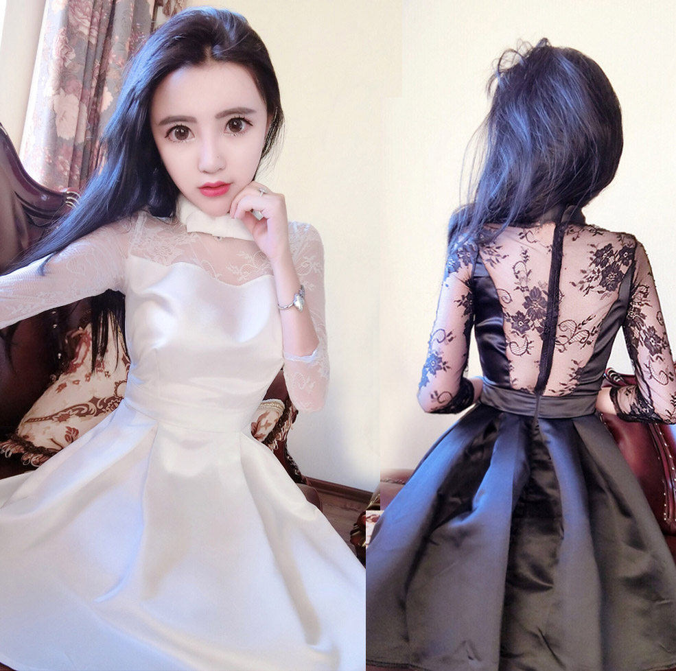 2018春季新款性感女主播大露背蕾丝拼接收腰显瘦7分袖百褶连衣裙