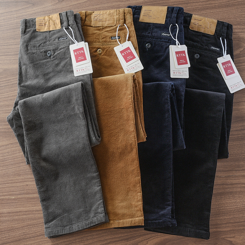Autumn and Winter Slightly Stretchy Pure Cotton Heavyweight American Retro Corduroy Casual Pants for Men, Khaki Color, Small Straight-Leg Long Pants for Men