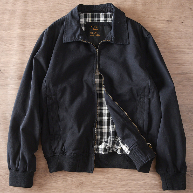 American Retro Autumn and Winter Harrington Jacket for Men, Black Lapel, Plaid Lining, Heavy Canvas Cotton Casual Jacket