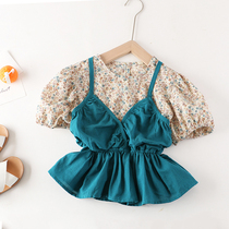 Girls short sleeve shirt summer dress new foreign children chiffon floral coat female baby shirt loose doll shirt