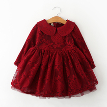 Girls plus velvet dress autumn and winter New Children Baby thick winter dress foreign red long sleeve lace princess dress