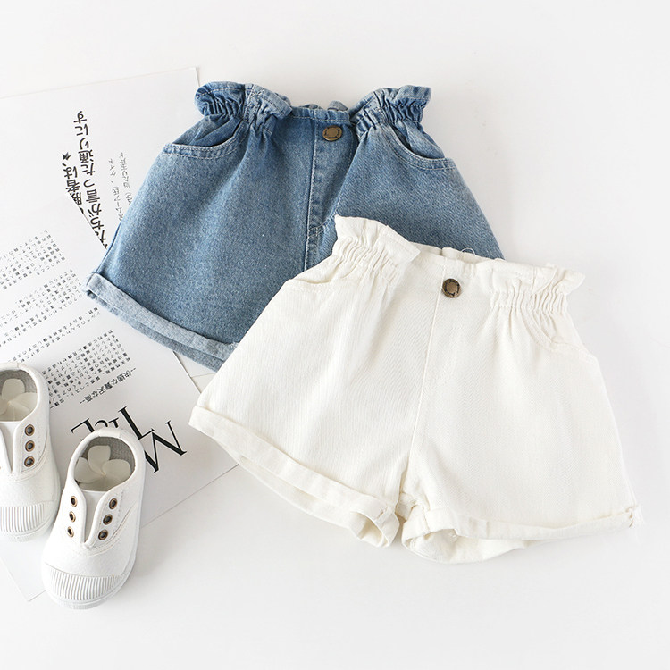 Girls' Denim Shorts 2020 Summer New Western Style High Waist Lace Jeans Children's Cotton White Hot Pants