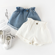 Girls denim shorts 2020 Summer new foreign style high waist lace jeans children cotton white hot pants