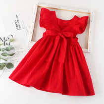 Girl red dress 2020 summer childrens dress Net red ocean gas princess dress cotton little girl backless skirt
