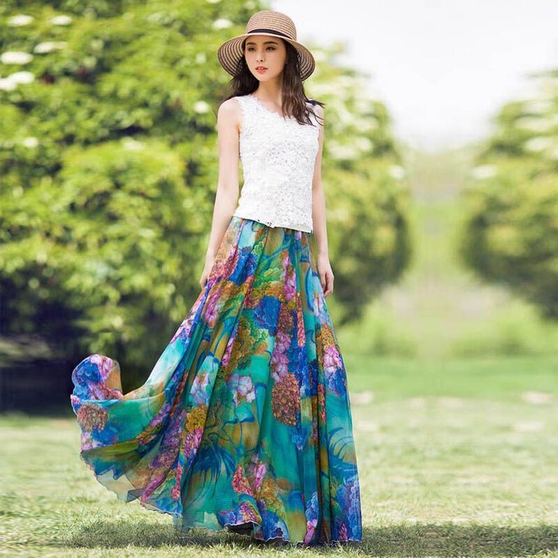 Summer 2025 Trendy Chiffon Flared Skirt 540-Degree Flared Long Skirt Stylish Beach Skirt Square Dance Skirt