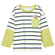 Cotton Era Childrens Long Sleeve T-Shirt 2024 Spring Boys and Toddlers Knitted Splicing Sleeves Blue White and Green Pinstripe Contrast Color T-Shirt