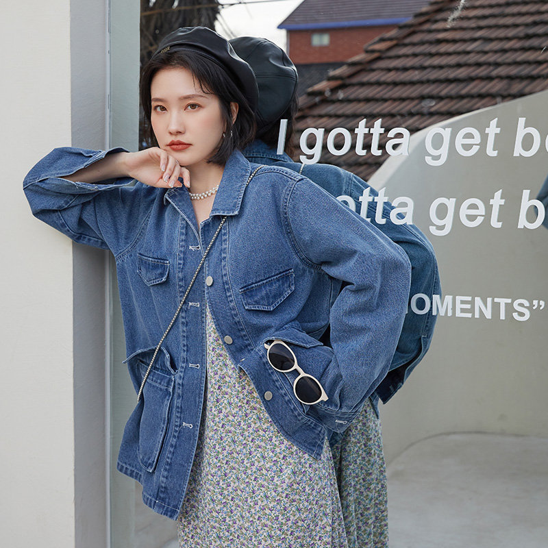 Little La 1937 Simple Fengshui Wash Blue Denim Lapel Jacket Design Sense Three-dimensional Pocket Autumn Denim Shirt