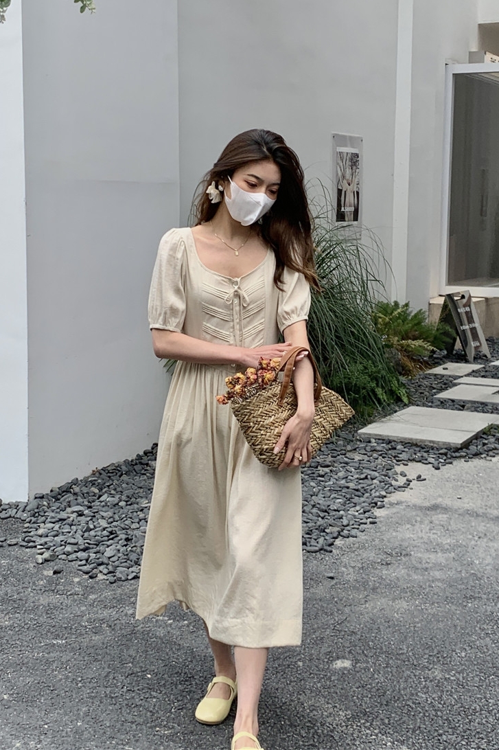 Small pull 1937 Slip U collar back tied with French dress doen wind cotton linen breathable and cool long skirt