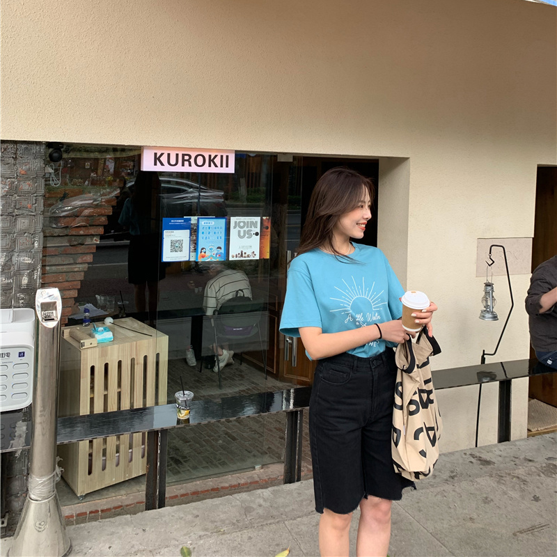 Small pull 1937 black denim pants women's thin 5-point pants summer thin straight shorts half pants riding pants