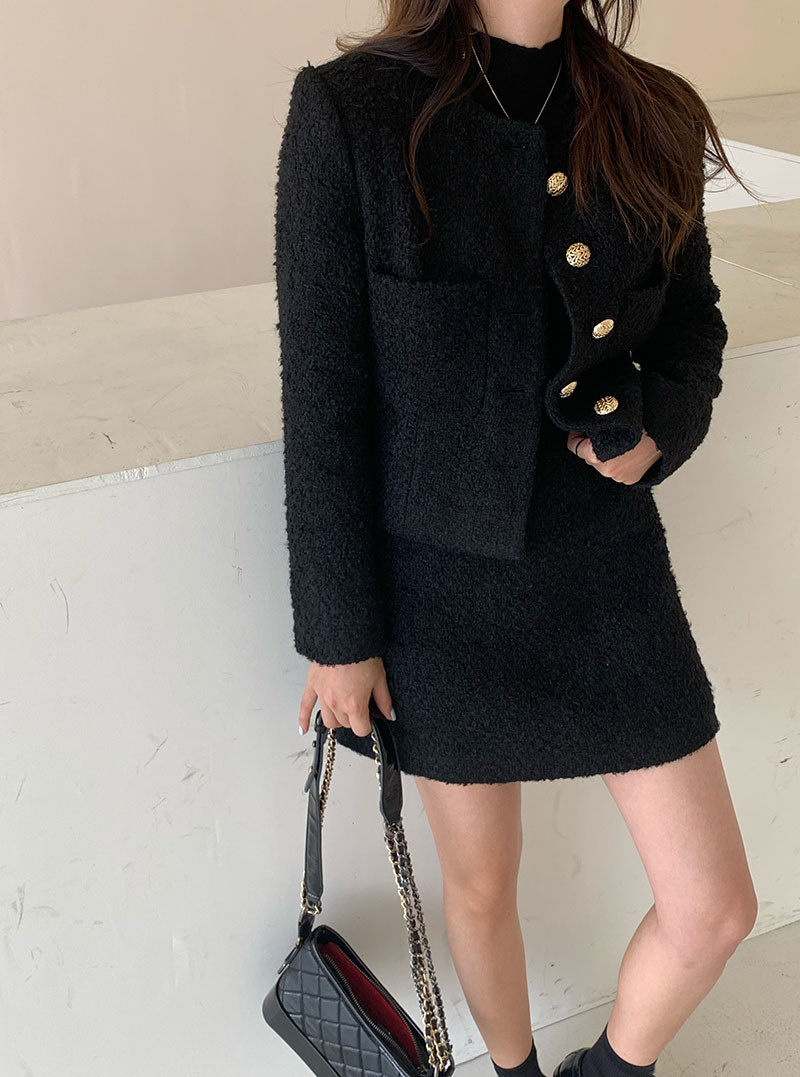 Xiaoxiaola 1937 black wool short coat A-line skirt suit temperament young lady slim suit autumn and winter
