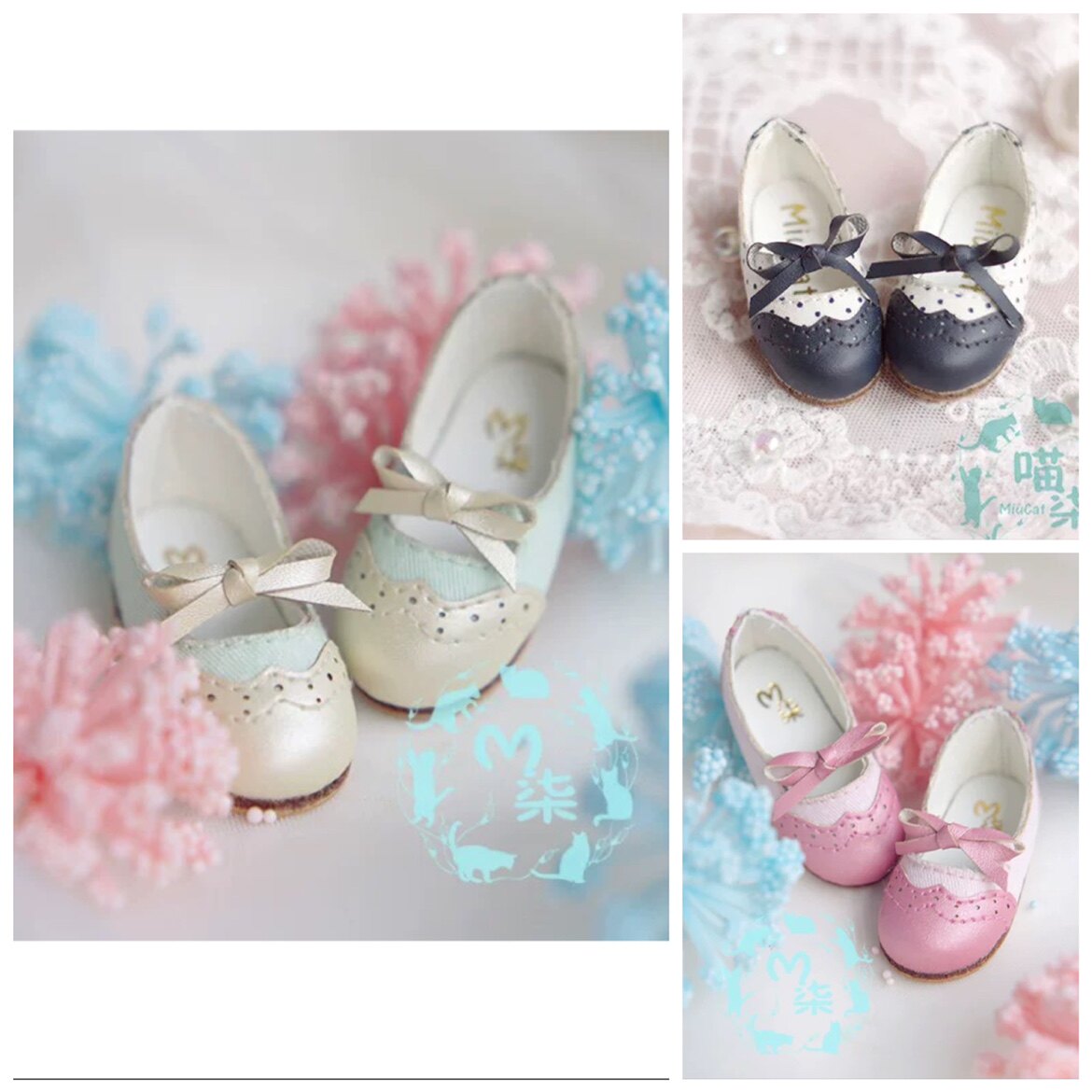 BJD Doll Shoes Butterfly Knot Wave Dot small leather shoes 6 Sub-dress ladies 4 Toner Blue Black and White YOSD Spot
