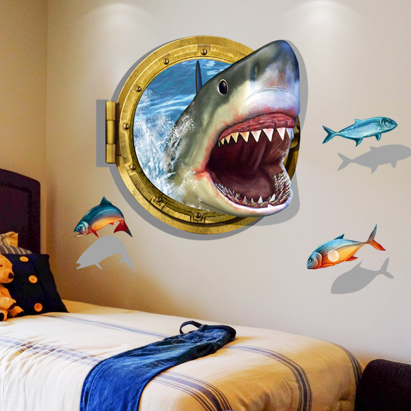 3D wall sticker shark poster wall painting bedroom wall decoration sticker boys room bedside wallpaper self-adhesive